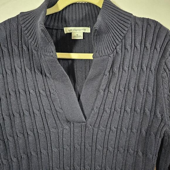 Liz Claiborne 100% Cotton Long-Sleeve Split-Neck Navy Cable Sweater Women's M - Picture 2 of 9